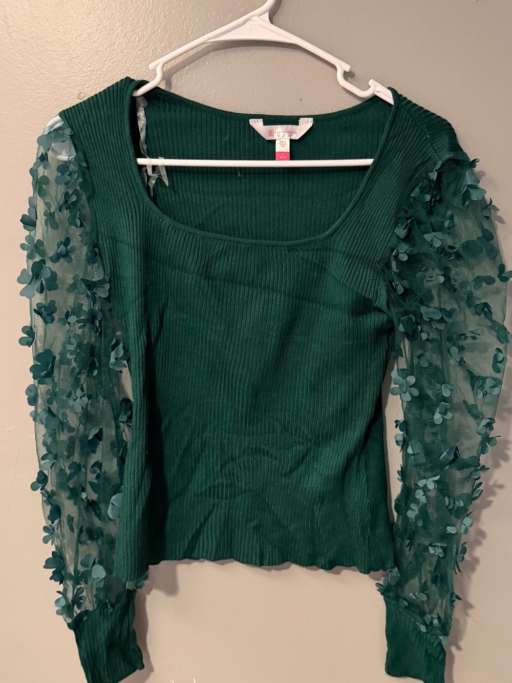 Floral Mesh-Sleeve Ribbed Layering Top - Deep Green